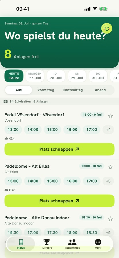 Padelmigo: freie Plätze über alle Anlagen